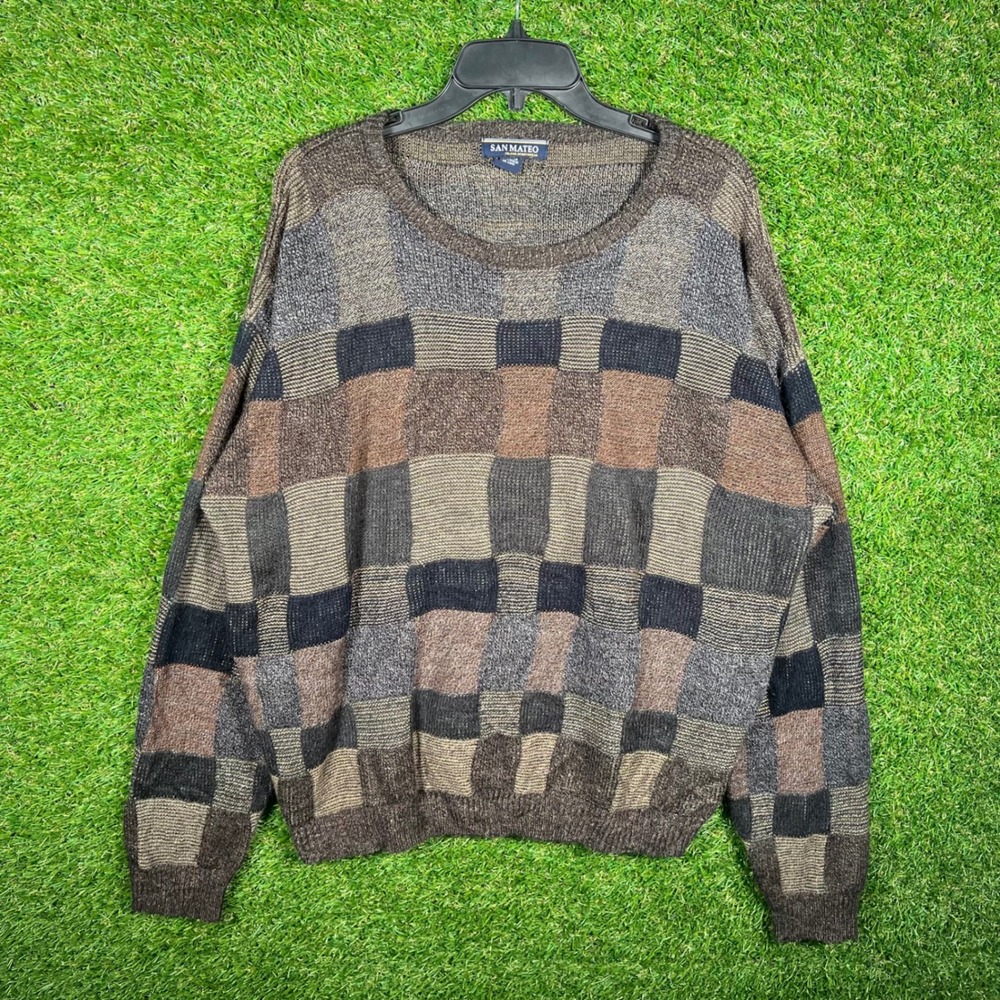 San Mateo Island Sportswear Vintage Mens Large Patchwork Knit Sweater Brown